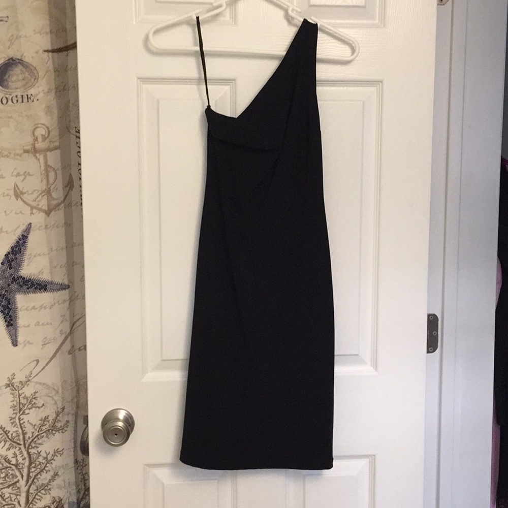 Little black dress!  Knee length. One shoulder